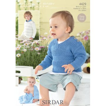 Sirdar Snuggly Baby Bamboo DK 4429 Sweaters and Blanket 0-7 years Downloadable Knitting Pattern