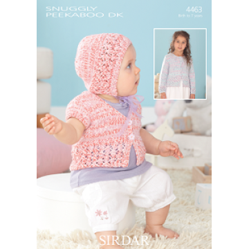 Sirdar Snuggly Peekaboo DK 4463 Cardigans and Bonnet 0-7 years Downloadable Knitting Pattern