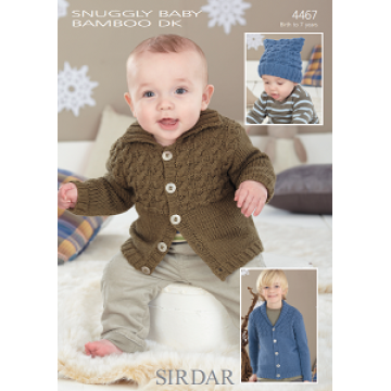 Sirdar Snuggly Baby Bamboo DK 4467 Cardigans and T-Bag Hat 0-7 years Downloadable Knitting Pattern