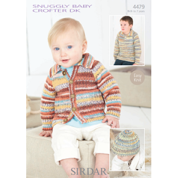 Sirdar Snuggly Baby Crofter DK 4479 Cardigan, Sweater and Hat 0-7 years Downloadable Knitting Pattern