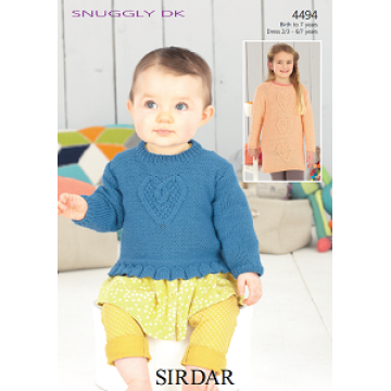Sirdar Snuggly DK 4494 Sweater and Dress age 0-7 Downloadable Knitting Pattern